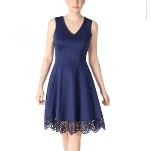 Donna Ricco Womens Solid Crochet Trim Dress Blue 4